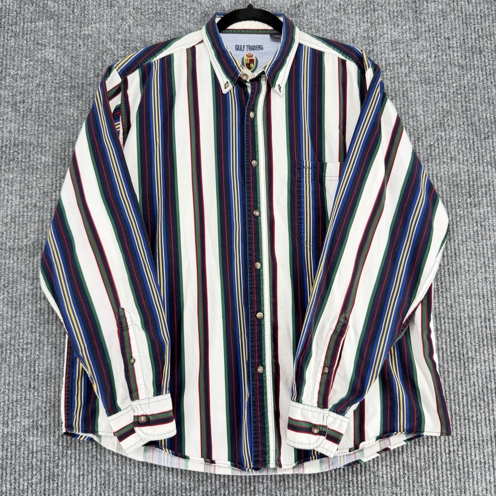 Vintage Gulf Traders Stripe Button Down Shirt Men's‎ L 90s Prep Coastal